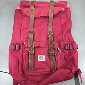 Kaukko Backpack Unisex Large Red Excellent Canvas Rucksack Faux Leather Straps